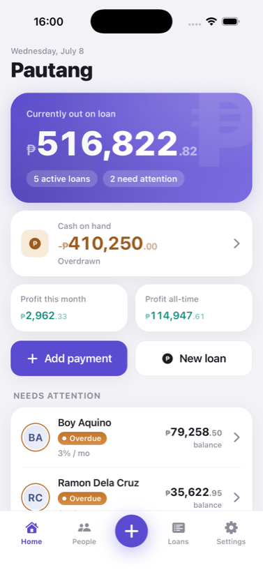 Pautang dashboard showing money out on loan and profit